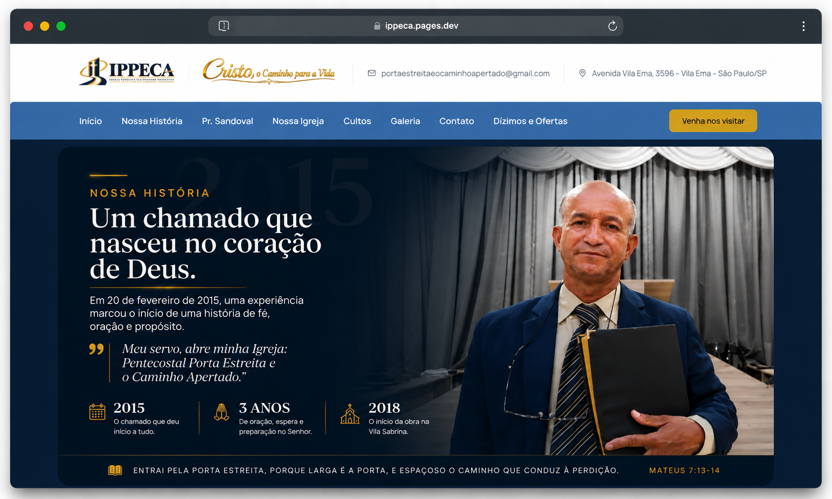 Screenshot do site IPPECA — Igreja Pentecostal Porta Estreita e o Caminho Apertado